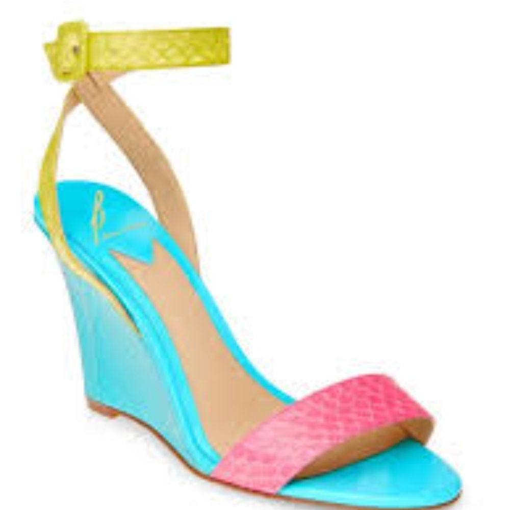 Brian Atwood B- KIMI Turquise Pink, and Yellow  Snake Embossed Wedges Size 9.5